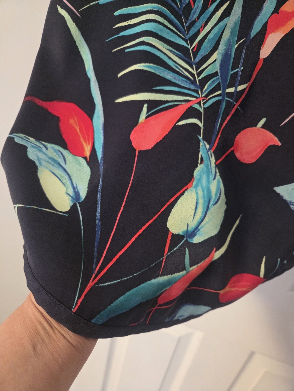 Liz Claiborne Black Blouse with Teal & Red Tropical Print